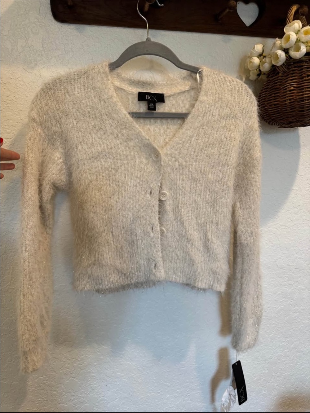 BCX Cream Fuzzy V-Neck Cropped Button Cardigan